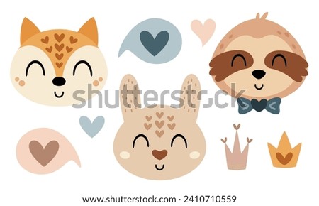 Valentines day clipart set. Cute animal faces clipart. Animal heads clip art. Cartoon rabbit, fox, sloth in flat style. Vector illustration.