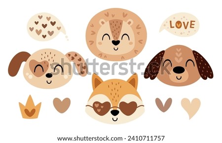 Valentines day clipart set. Cute animal faces clipart. Animal heads clip art. Cartoon fox, dog, lion in flat style. Vector illustration.