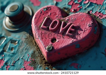 Vibrant control button with the word "LOVE" embossed in bold letters affixed to a weathered industrial panel, symbolizing the power and urgency of love. Valentines concepts