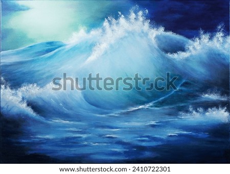 Original oil painting showing waves in ocean or sea on canvas. Modern impressionism, modernism, marinism.