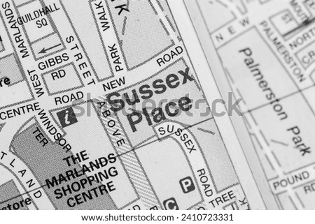 Sussex Place, Southampton in Hampshire, England, UK atlas map town name of the area in black and white