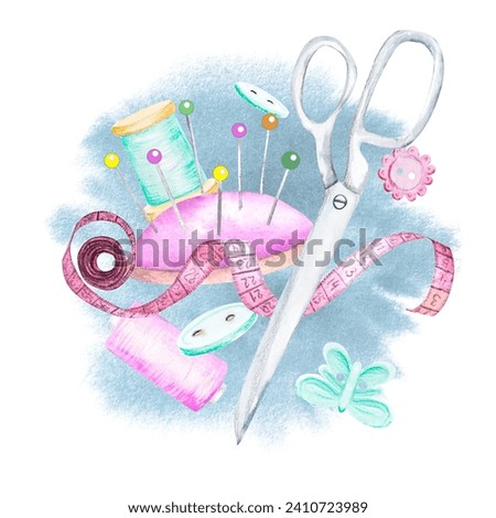 Watercolor sewing set. Hangers, buttons, threads, ribbon, sewing machine, needlework embroidery scissors Hand drawn watercolor drawing