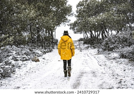 Young woman wearing yellow raincoat and cowboy hat in the forest under snow.. Captured from behind, unrecognizable person.