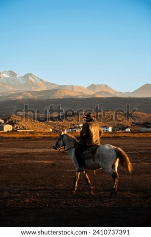 man riding white horse against impressive view