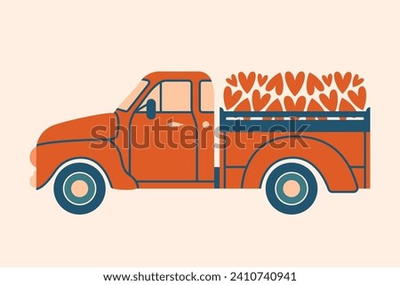 Red pickup truck with hearts. Special delivery of love. Banner, card for a Saint Valentine Day. Vector illustration in flat style. Cute clip art with car, vehicle, transport to romantic holidays.