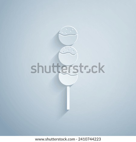 Paper cut Takoyaki on a stick icon isolated on grey background. Japanese street food. Paper art style. Vector