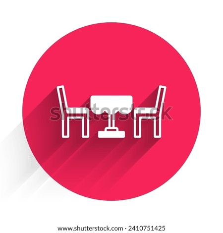 White French cafe icon isolated with long shadow background. Street cafe. Table and chairs. Red circle button. Vector