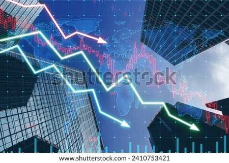 Abstract falling forex chart arrows on blurry night city backdrop. Financial crisis, trade and recession concept. Double exposure
