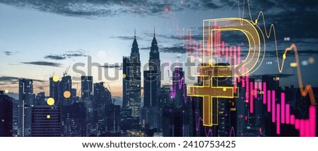 Abstract falling forex chart arrow and ruble icon on blurry wide night city background. Financial crisis, trade and recession concept. Double exposure