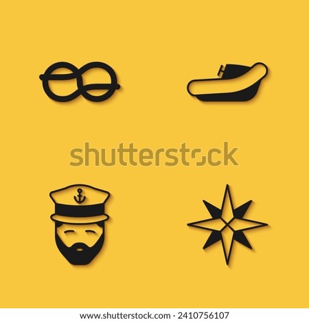 Set Nautical rope knots, Wind rose, Captain of ship and Inflatable boat with motor icon with long shadow. Vector