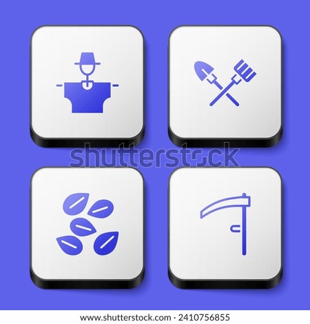 Set Scarecrow, Shovel and rake, Seeds of specific plant and Scythe icon. White square button. Vector