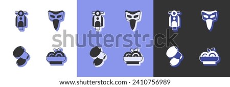 Set Pasta spaghetti, Scooter, Olives and Carnival mask icon. Vector