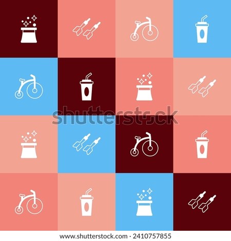 Set pop art Magician hat, Dart arrow, Vintage bicycle and Paper glass with water icon. Vector