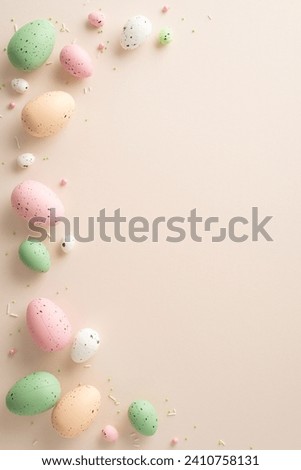 Seasonal Joy Display: Top-view vertical photo showcasing traditional Easter eggs, and scattered colorful sprinkles against a pastel beige backdrop with space for text or ads