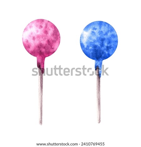 Hand drawn watercolor illustration. Two delicious candies on sticks on pink and blue frosting . For greeting birthday card, banner, websites, new born, gender reveal party Isolated on white background