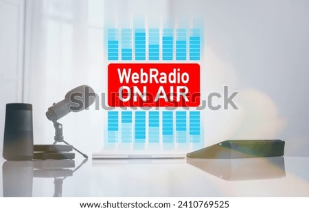 Desk with microphone, headphones and computer. Web radio, communication entertainment on air concept