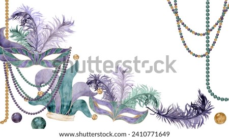 Hand drawn watercolor Mardi Gras carnival symbols. Theater masquerade circus mask feathers, jester fool hat bells. Composition isolated on white background. Design for party invitation, print, shop