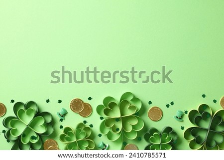 Four leaf clover paper cut on green background with gold coins and confetti. St Patricks Day banner design