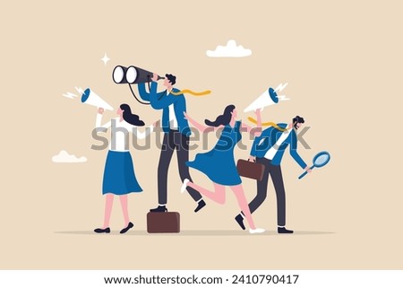 Recruitment, human resources searching for candidate, hiring or finding staff for vacancy, marketing search for client or customer concept, business people searching with binoculars and megaphone. Royalty-Free Stock Photo #2410790417