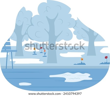 Winter landscape with snow, trees, a frozen river, and a wooden bridge. Calm and tranquil nature scene. Scenic frosty park in winter season vector illustration. Royalty-Free Stock Photo #2410794397