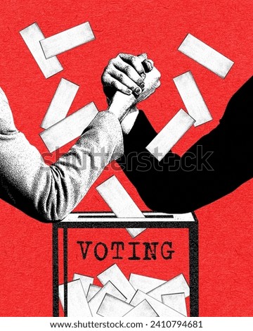 Arm wrestling. Candidates holding hand son ballot box with voting papers and wrestling. Opponent. Contemporary art. Concept of elections day, politics, choice, democracy, human rights. Grainy effect