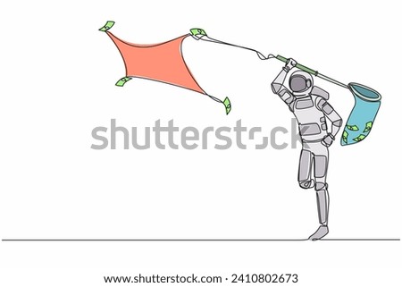 Single one line drawing astronaut trying to catch flying banknote money with net. Collecting spaceship funding from many company. Cosmic galaxy space. Continuous line draw design vector illustration