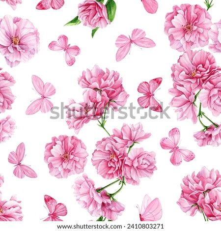 Spring sakura flowers and butterfly, floral watercolor background. Seamless pattern. Pink flower hand drawn illustration