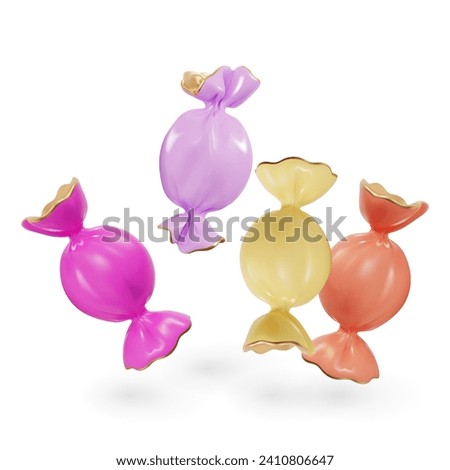 3d Candy in Wrapper Set Sweet Dessert Food Cartoon Style Isolated on a White Background. Vector illustration of Sachet Wrap Mockup Royalty-Free Stock Photo #2410806647