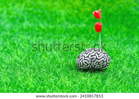 Two miniature toy roses gracefully sprout from a detailed replica of the human brain set against a backdrop of vibrant green grass. Mood boost and happiness related concept. Royalty-Free Stock Photo #2410817813