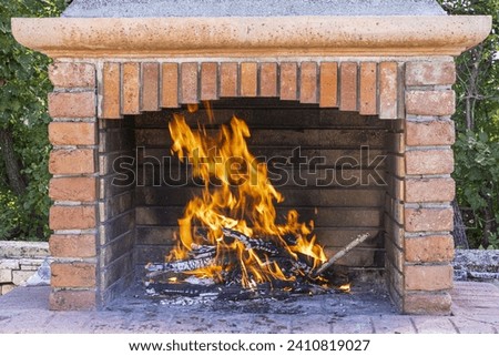 Picture of a fully burning pile of wood in a brick fireplace