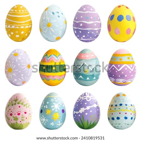 Collection of colourful hand painted decorated easter eggs on white background cutout file. Pattern and graphic set. Many different design. Mockup template for artwork design Royalty-Free Stock Photo #2410819531