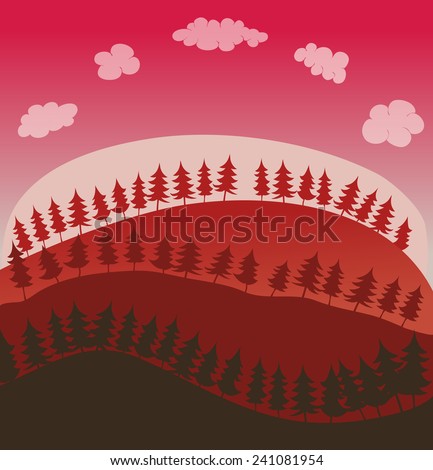 Pine Trees and Hills Environment, Vector Illustration. 
