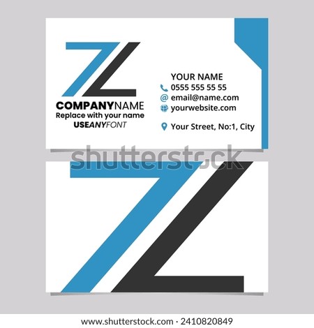 Blue and Black Business Card Template with Number 7 Shaped Letter Z Logo Icon Over a Light Grey Background