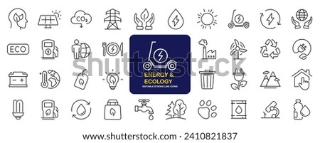 Green energy set of web icons in line style. Ecology icons for web and mobile app. Solar panel, recycle, eco, green electricity, nature, bio, power, water, power and more. Editable stroke