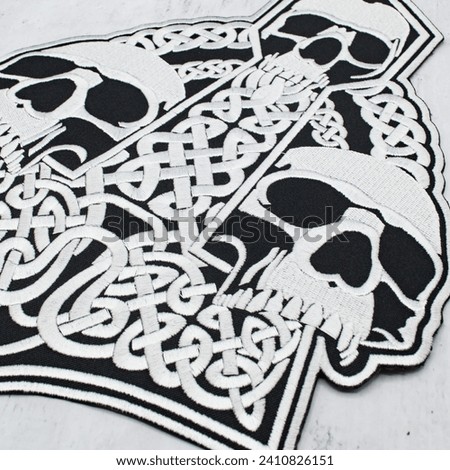 Embroidered patch depicting a skeleton, skull, death. Accessory for metalheads, punks, rockers, bikers, satanists, emo, street aggressive subcultures. Mjolnir. Hummer of Thor.