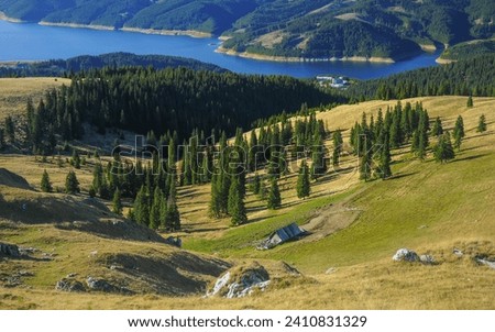 Autumnal landscape seen from a viewpoint above Vidra lake. An old wooden sheepfold lays in the cauldron. A tourist resort lays in the background. The coniferous forests are still green. Carpathia. Royalty-Free Stock Photo #2410831329