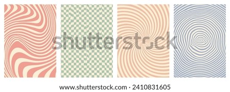 Retro twisted and distorted vector groovy hippie background set. Waves, swirl, stripe, ray and twirl pattern. Vintage set of backgrounds in trendy retro psychedelic style. Vector illustration