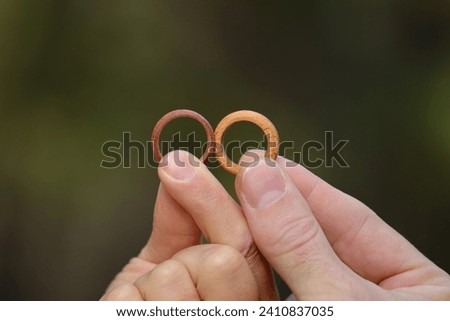 A wooden wedding. The bride and groom celebrate a wooden wedding. A man and a woman are holding two beautiful wooden wedding rings in their hands, close-up. The symbol of the wedding