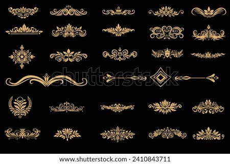 Art deco vector elements dividers or headers. Decorative line borders or frames in geometric victorian style, elegant vintage design, antique bordering symbols isolated on black background,