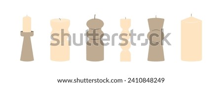 Various Candles. Different shapes and sizes.  Decorative wax candles for relax and spa.  Vector illustration.