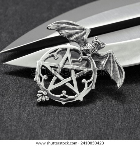 Silver Pentogram and bat pendant. 925 silver. Occult accessory, dark magic. Satan, Baphomet, Devil, 666, Lilith. Accessory for rockers, metalheads, punks, goths.