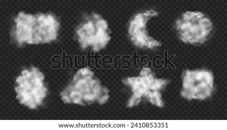 Smoky frames, isolated geometric shapes of round, square and triangle, star and moon figure. Vector mist or vapor borders, gas or evaporating smoke. Fluffy cloud on transparent background Royalty-Free Stock Photo #2410853351