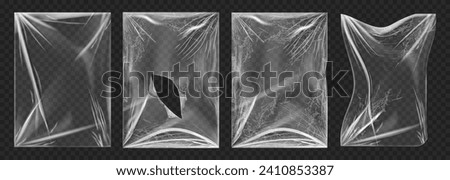 Stretch film plastic or cellophane bag, torn and deformed texture of material. Vector isolated crumpled polythene or wrapping for product, damaged and wrinkled, opened or peeled off foil Royalty-Free Stock Photo #2410853387