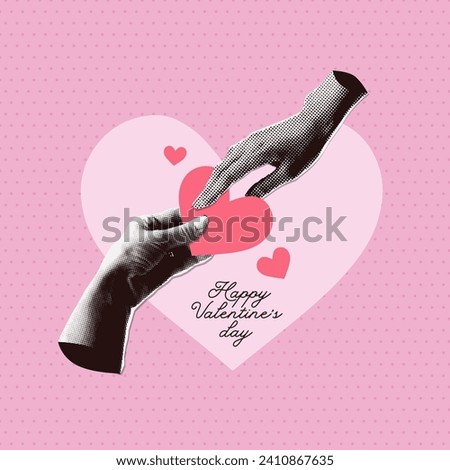 Trendy Halftone Collage Two Hands holding floating Hearts. Social media banner or cover. Happy Valentine and Mother Day. Share love. Contemporary vector illustration art Royalty-Free Stock Photo #2410867635