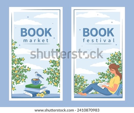 Book festival. Book market. Woman reading book and sitting at the spring window. Designs for bookstore, library, bookshop or education. Vector illustration
