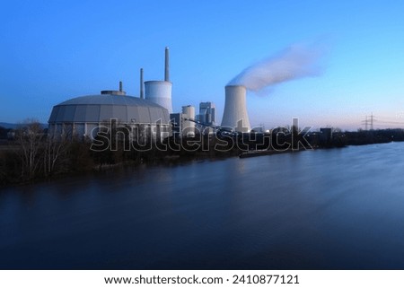 A Coal-Fired Power Station on a River, A Industry Building at Work, Industry Engineering at a River, Industry Architecture in a Landscape, A Coal-Fired Power Station in Climate Change 