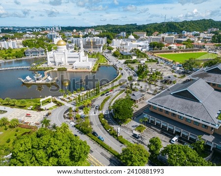 Sultan Omar Ali Seyfeddin Mosque Aerial View. Bandar Seri Begawan, the capital of Brunei Darussalam. Borneo. Southeast Asia  Royalty-Free Stock Photo #2410881993