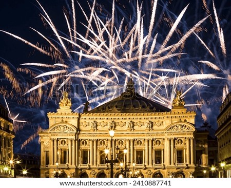 Fireworks over the Opera Garnier (Garnier Palace), Paris, France. Translation: national Academy of Music. UNESCO World Heritage Site