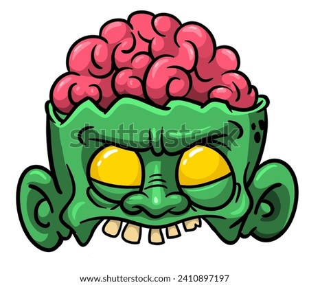 Cartoon funny green zombie character design with scary face expression. Halloween illustration