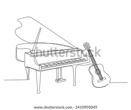 Continuous one line drawing of grand piano with accoutic guitar. Grand piano and classic guitaroutline vector illustration. Editable stroke.